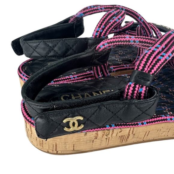 Chanel 2020 Cord Lambskin Quilted Logo Sandals Pink Black - Picture 7 of 14